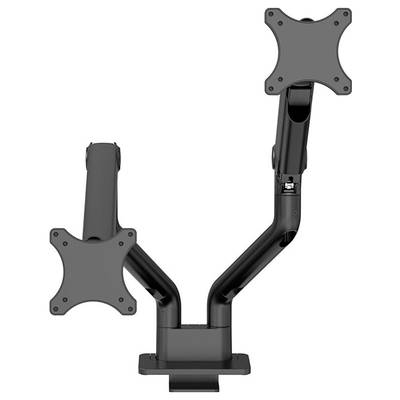 Double monitor stand with two adjustable arms for mounting screens, enables flexible screen positioning.