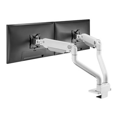 Two monitors on a white, adjustable mounting arm attached to a desk. The monitors are visible from the back.