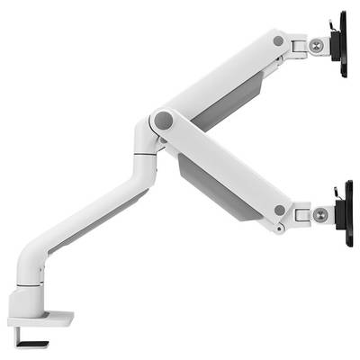 Double monitor arm with adjustable joints, for mounting on a desk. Enables flexible positioning of monitors.