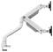Double monitor arm with adjustable joints, for mounting on a desk. Enables flexible positioning of monitors.