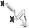 A white, adjustable monitor arm with two joints and a universal VESA mounting point, suitable for ergonomic workplace solutions.