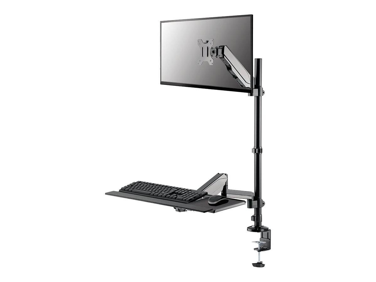 Height-adjustable monitor arm with keyboard tray and mouse, mounted to a desk, enables ergonomic working while standing or sitting.