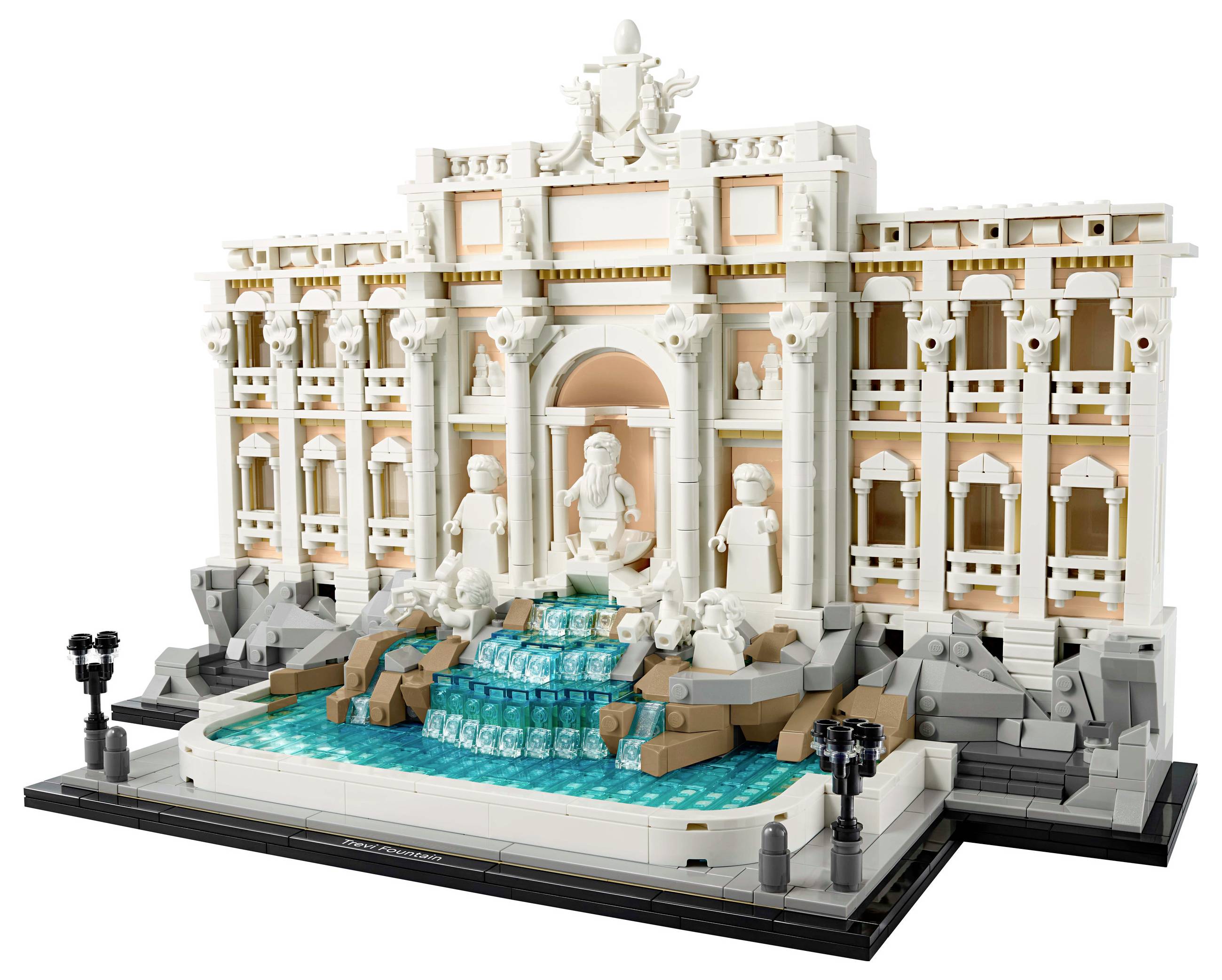 LEGO model of the Trevi Fountain in Rome, showcasing intricate sculptures and water elements made from colourful building bricks.