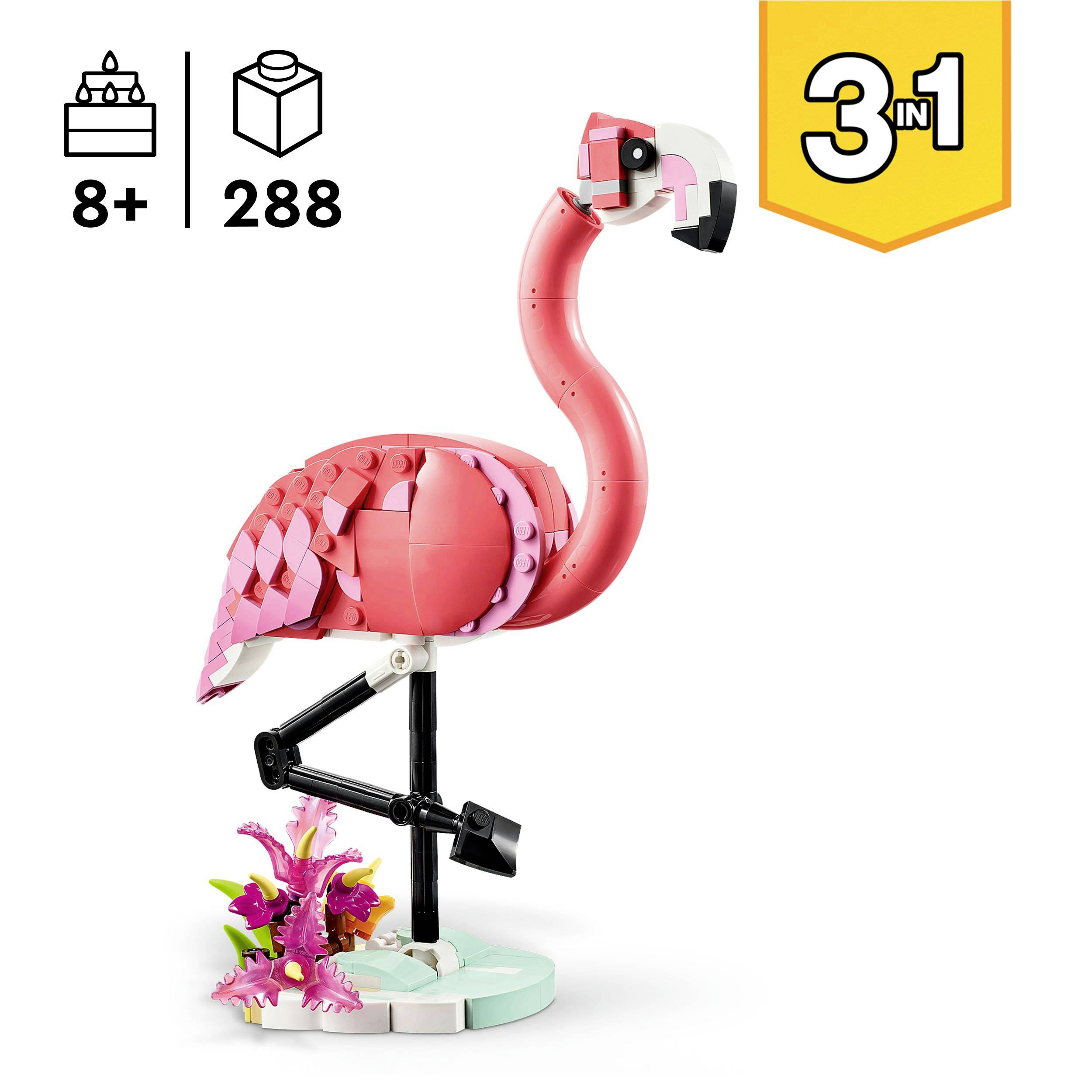 A LEGO Flamingo set for ages 8 and up with 288 pieces. The flamingo stands on one leg, with pink coral depicted alongside it.