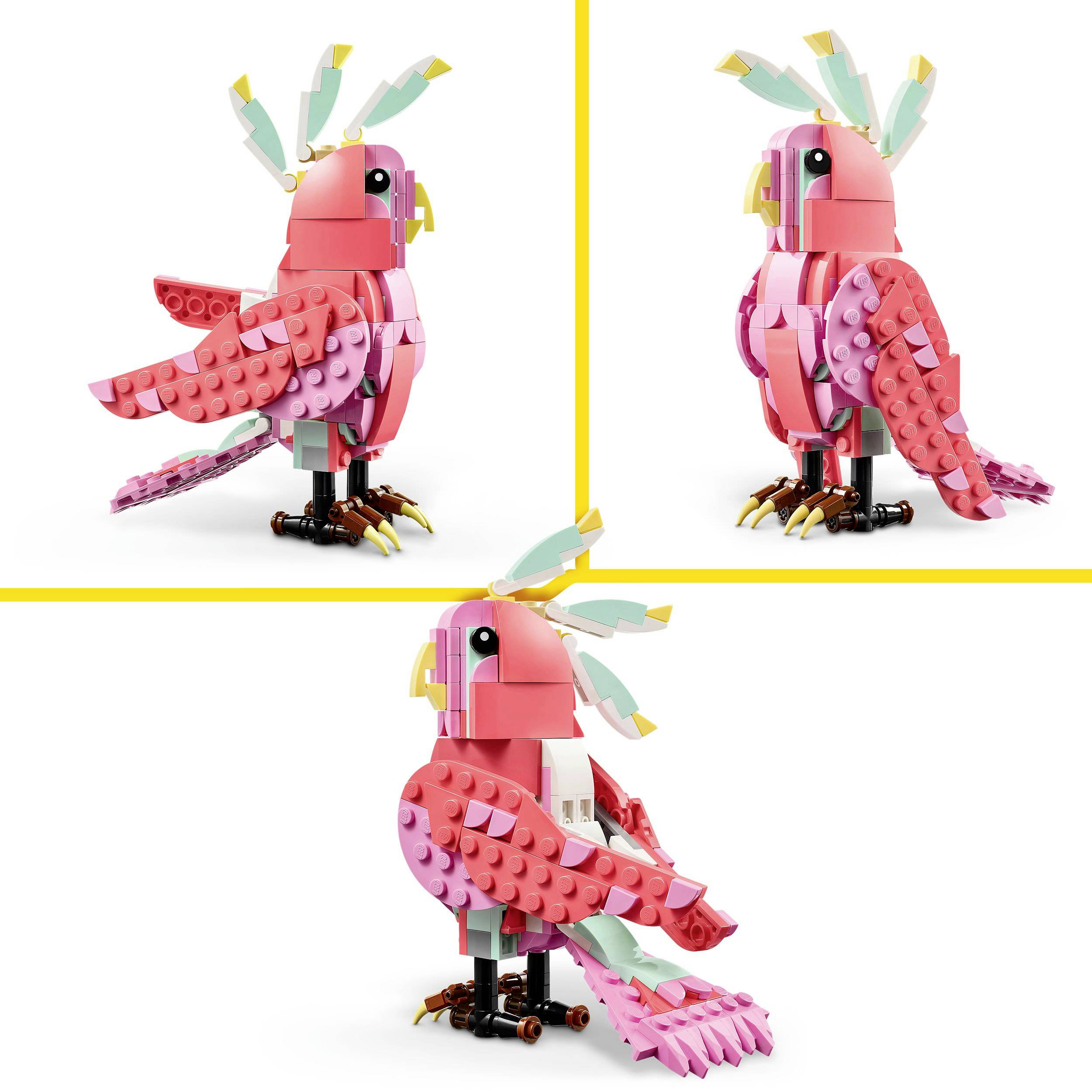 A pink parrot built from building blocks is visible from three different perspectives: front view, back view, and side view.