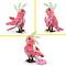 A pink parrot built from building blocks is visible from three different perspectives: front view, back view, and side view.