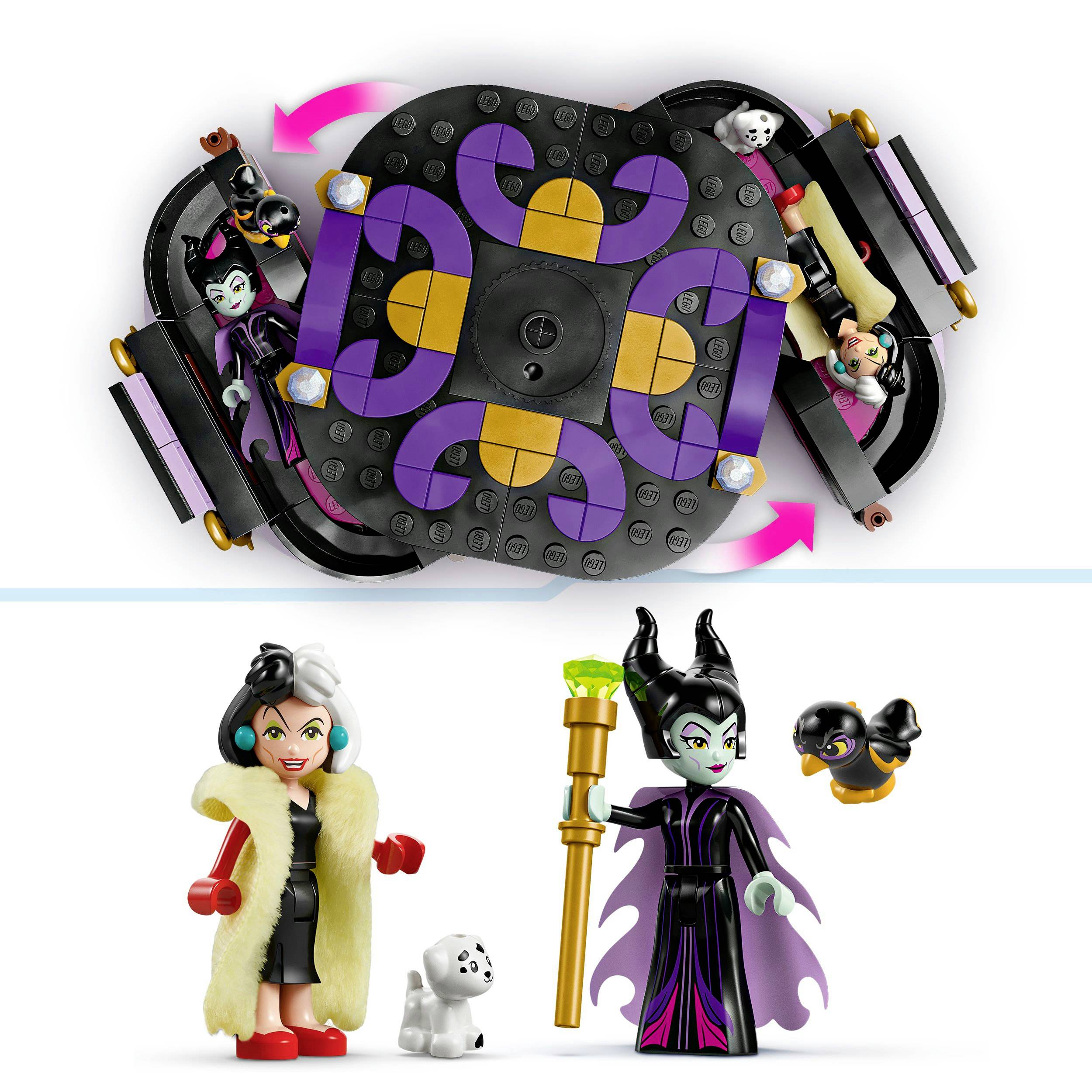 Toy set with two figurines and accessories: One figurine in a black coat with a white dog, one figurine with a staff and green flame.