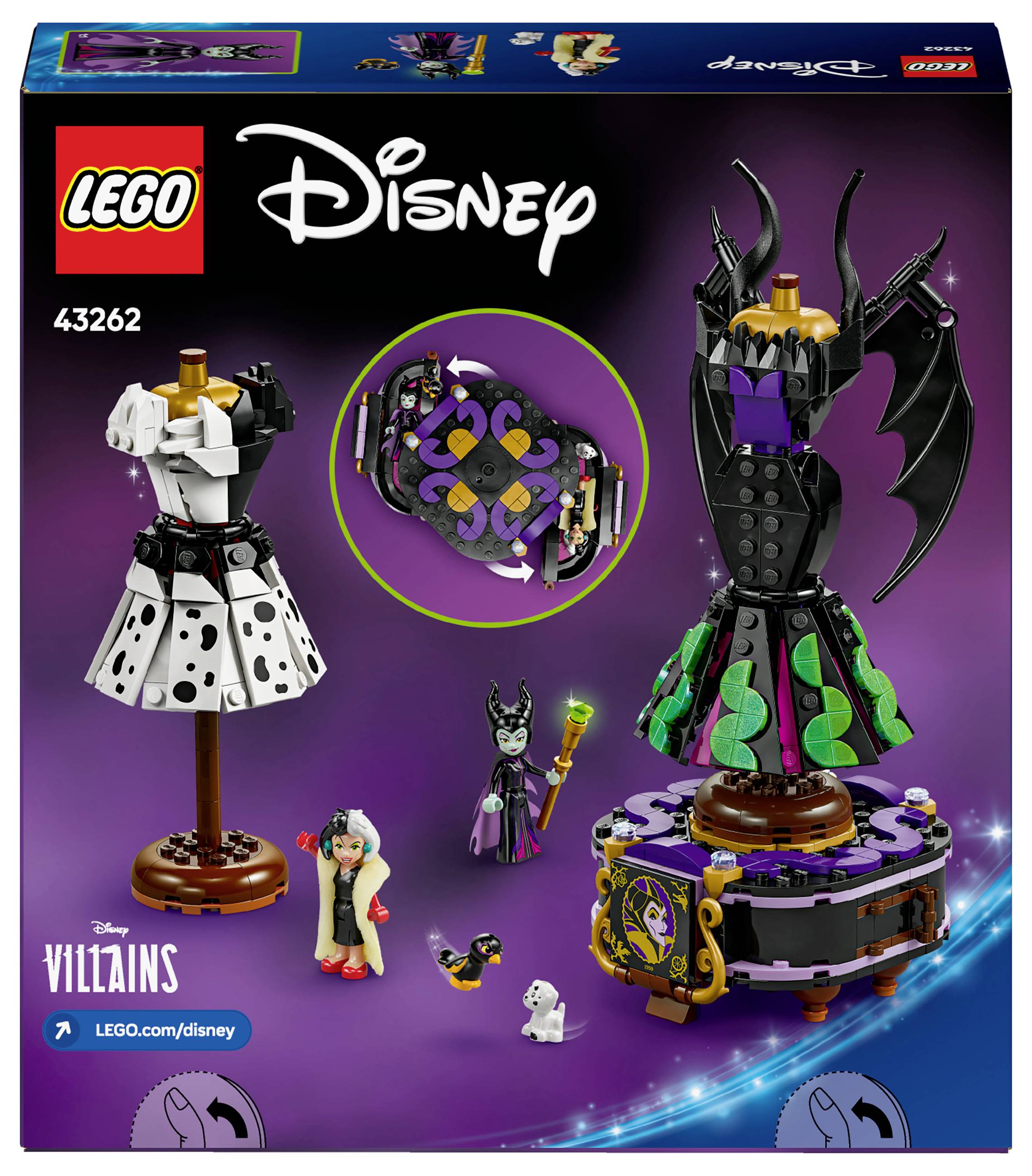 LEGO Set packaging of Disney Villains featuring Cruella de Vil and Maleficent, Model Number 43262. Figures and accessories are depicted.