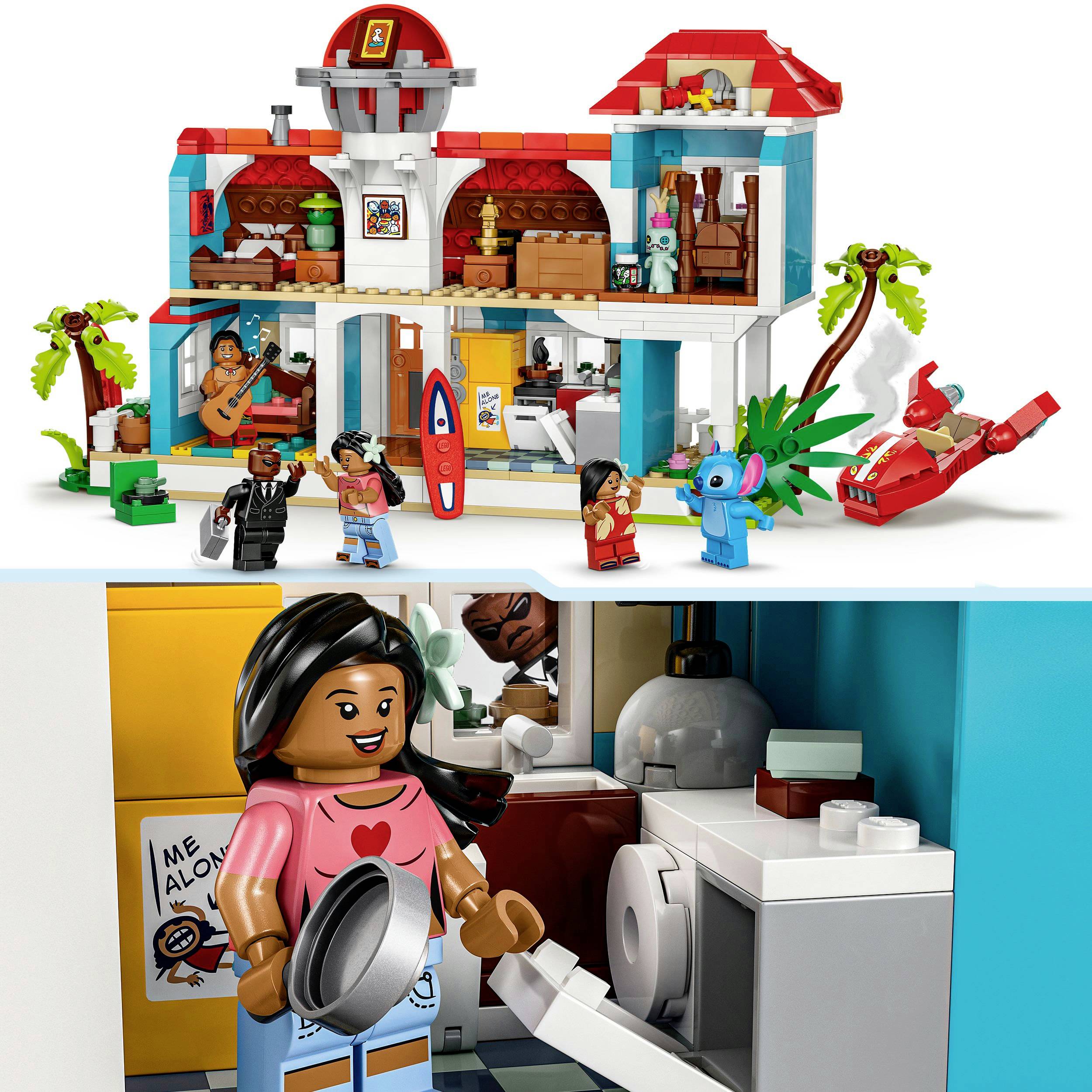 A colourful LEGO set depicts a two-storey beach house with figures, surfboards, and accessories. LEGO minifigures are playing in the foreground.