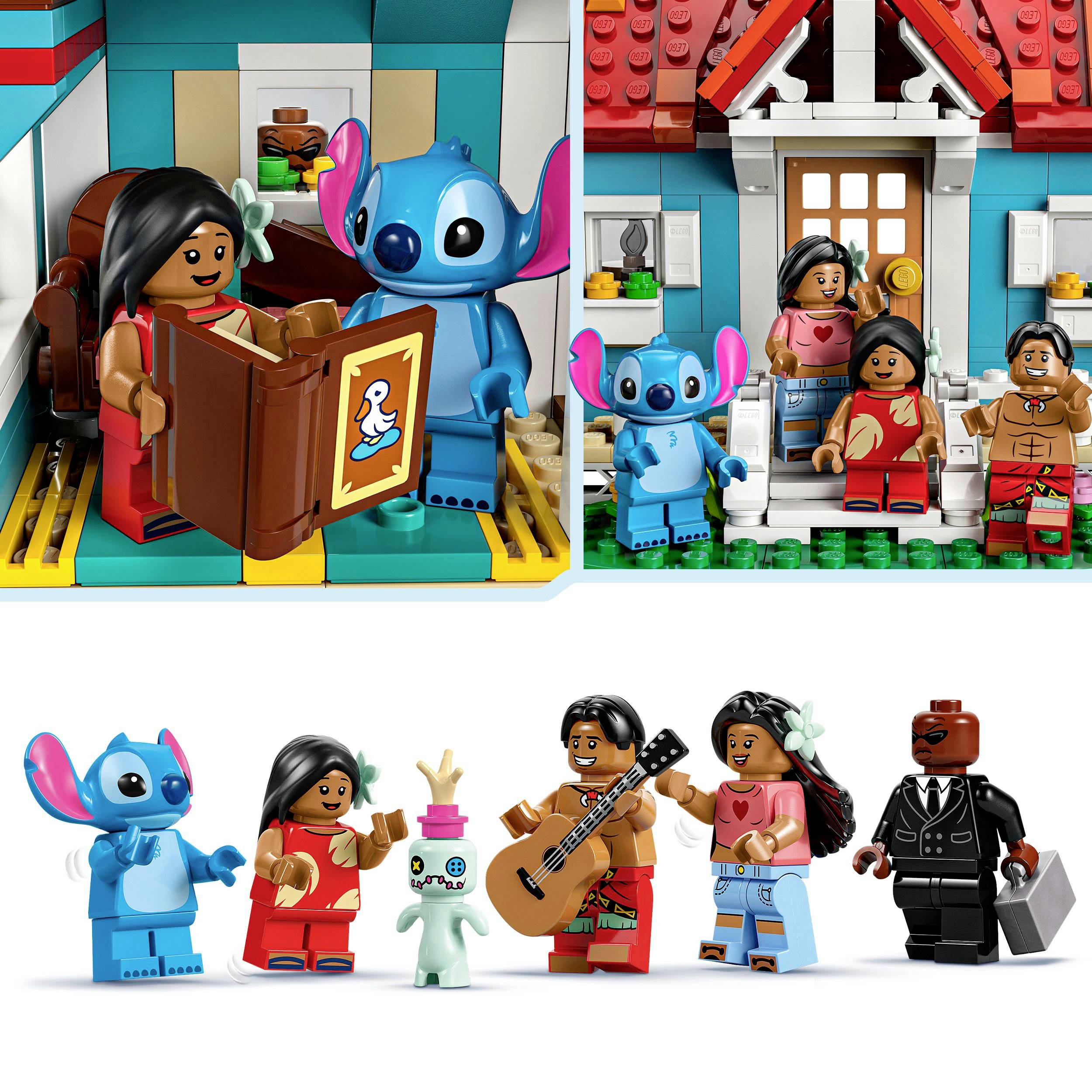 A building block scene shows three toy figures in a building with a red roof. One figure is holding a book, another a guitar. A dog is present.