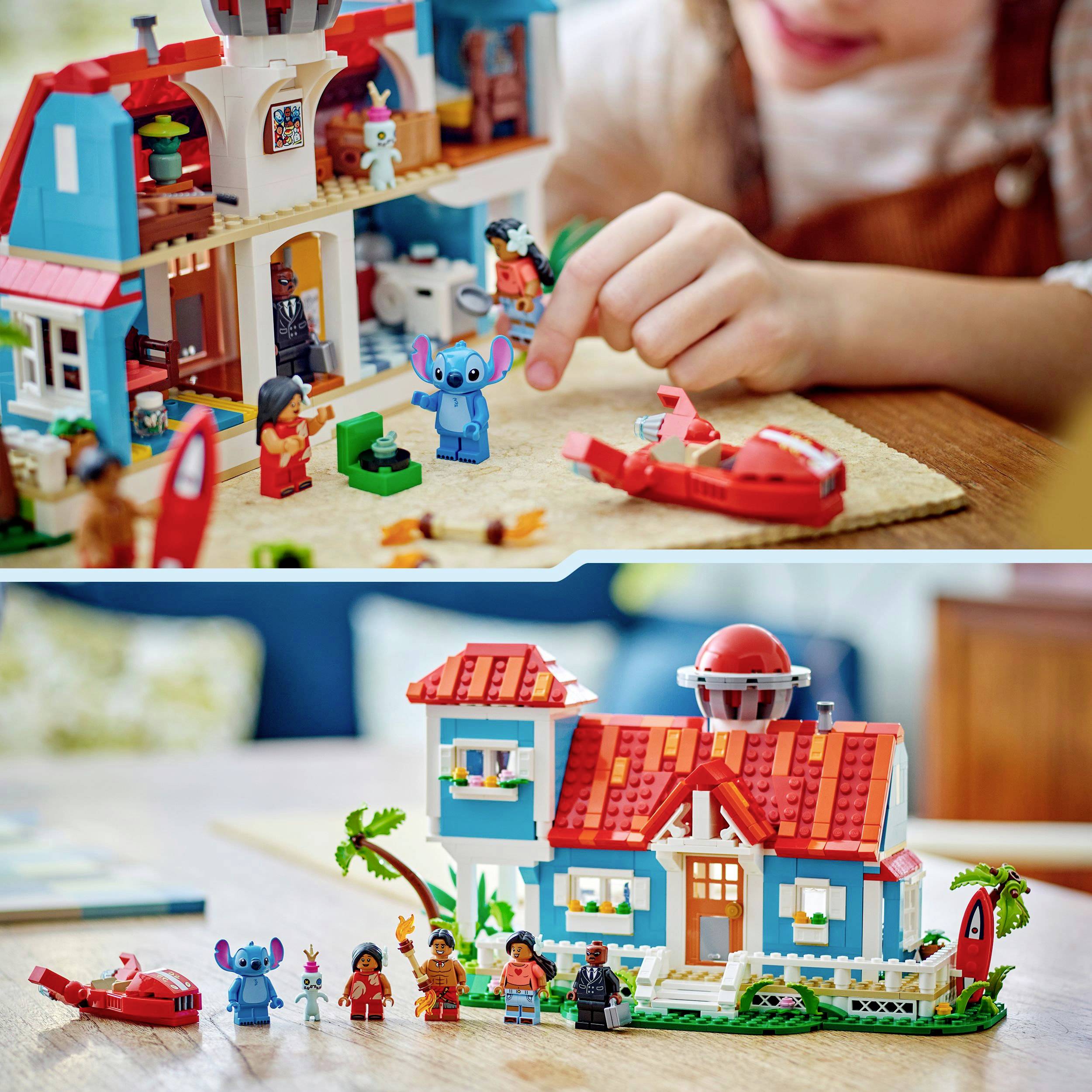 A child is playing with a colourful building block set, constructing a house and figures. In the background, additional building components are visible.