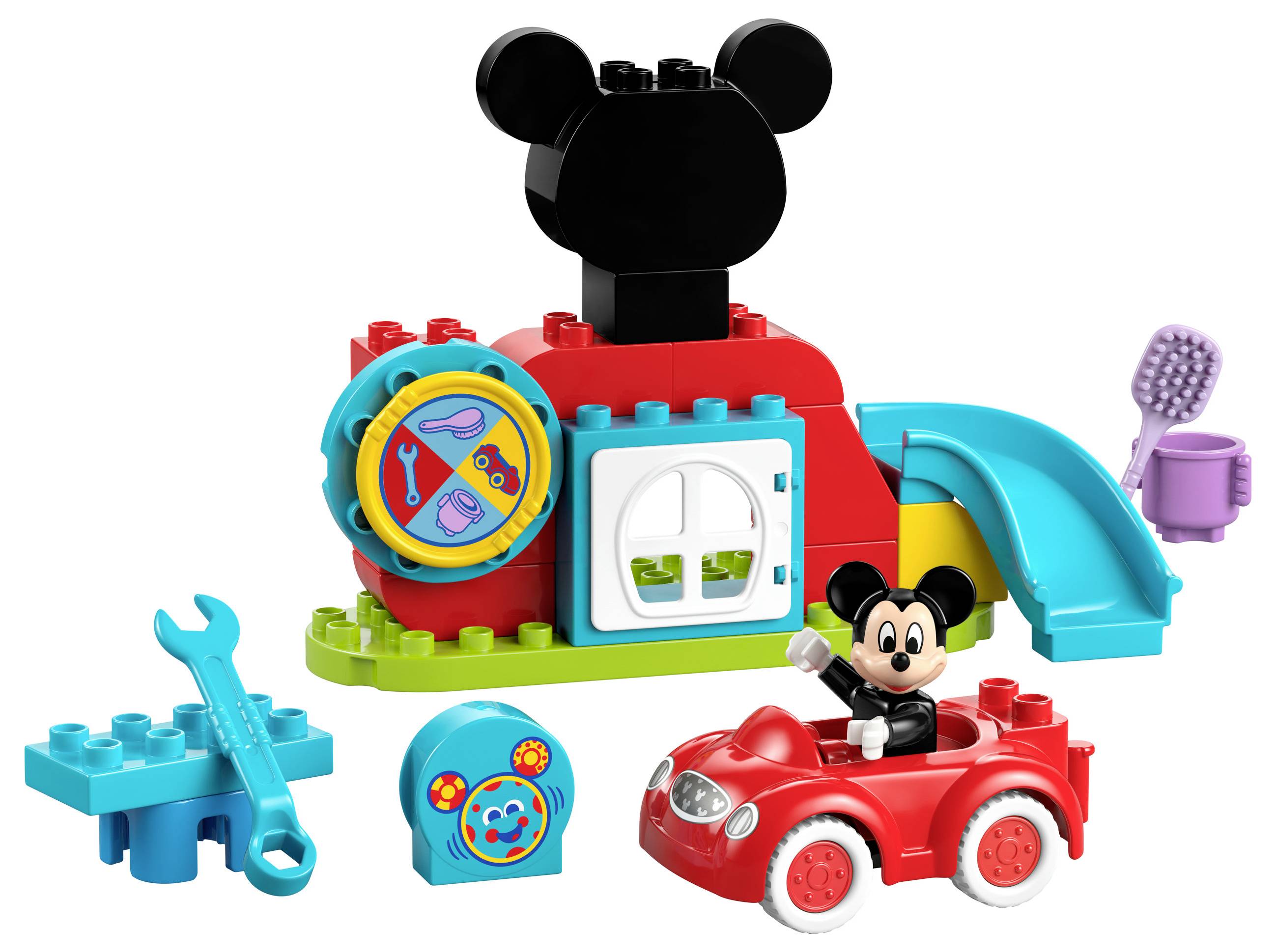 Toy set with figures and car in vibrant colours. Includes a Mickey Mouse figure in a red car and building blocks with tools.