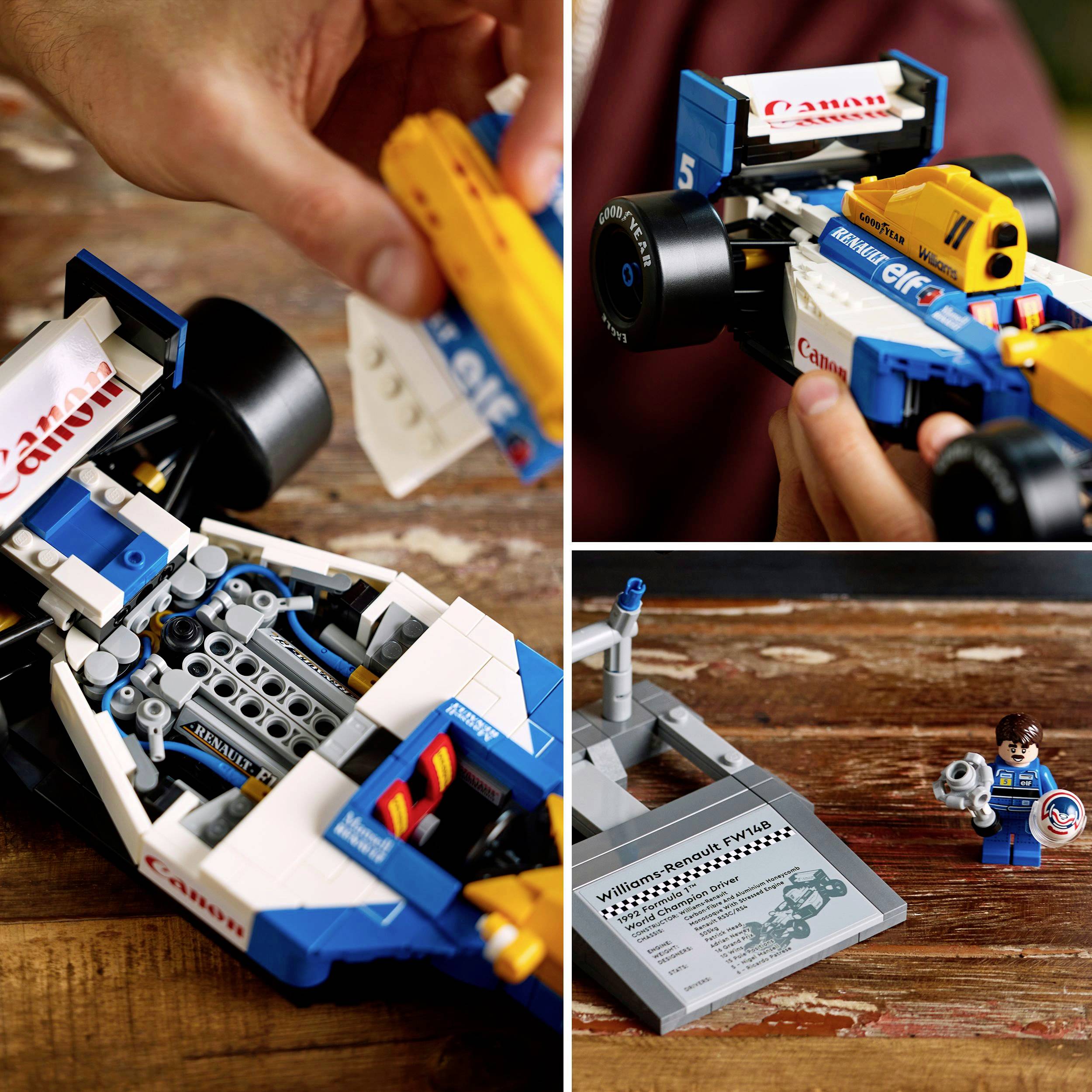 A person is assembling a toy racing car from building blocks with a 'Williams-Renault' sticker. A note describes the car model.