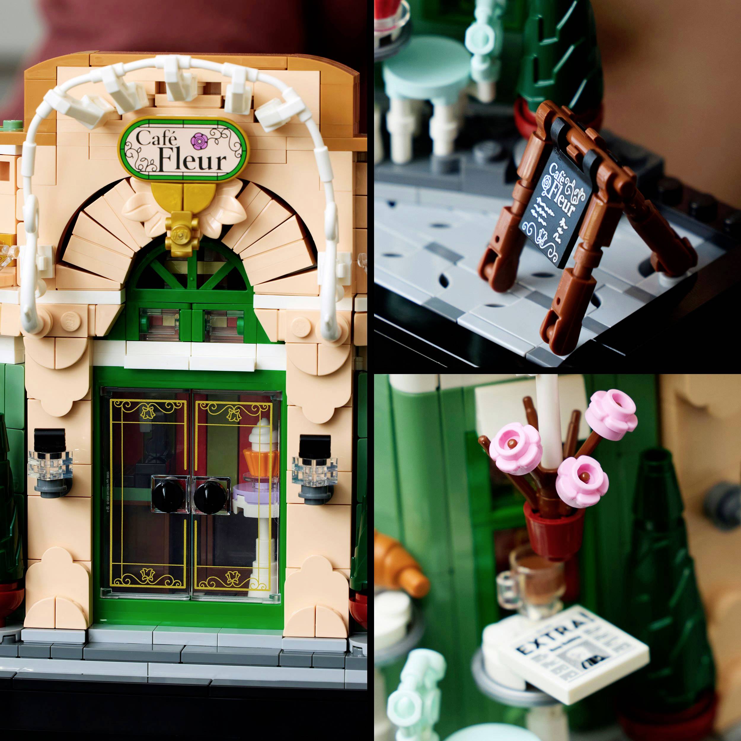 The image shows a detailed brick model of a café called 'Café Fleur'. Signs with illustrations are positioned beside the entrance.