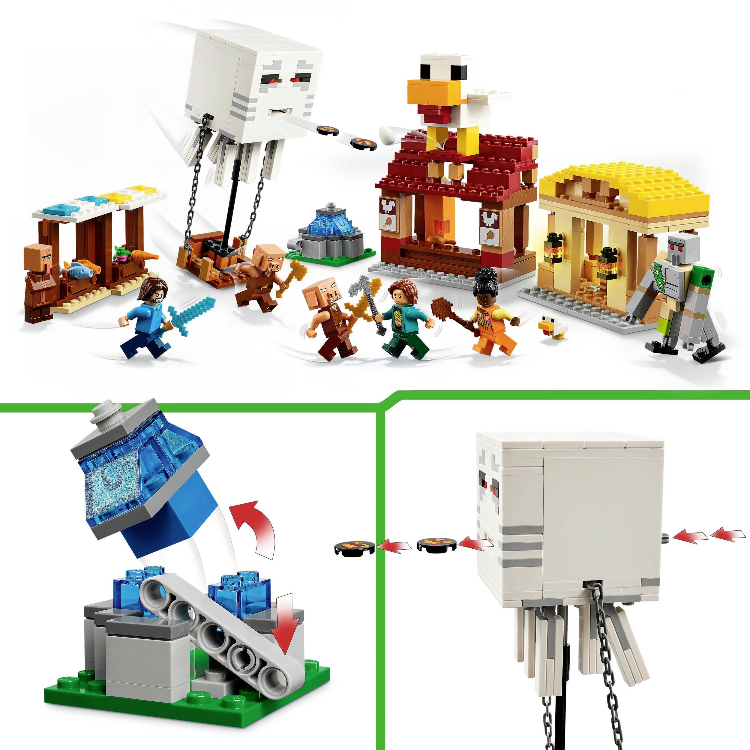 LEGO Set featuring Minecraft scenes: Characters battling fantasy creatures in front of colourful structures such as a house and a camp.