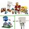 LEGO Set featuring Minecraft scenes: Characters battling fantasy creatures in front of colourful structures such as a house and a camp.