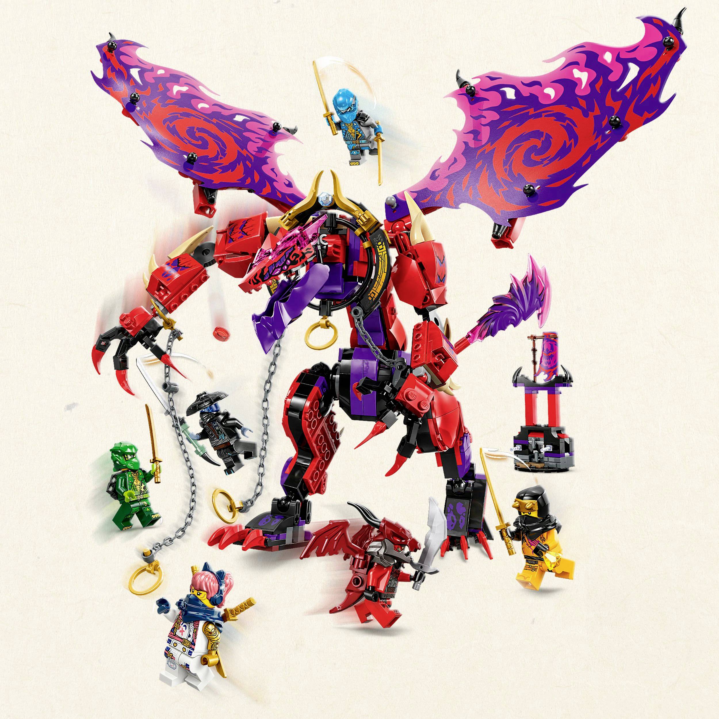 A red Lego dragon with large wings, surrounded by six Lego minifigures in different colours and armour.