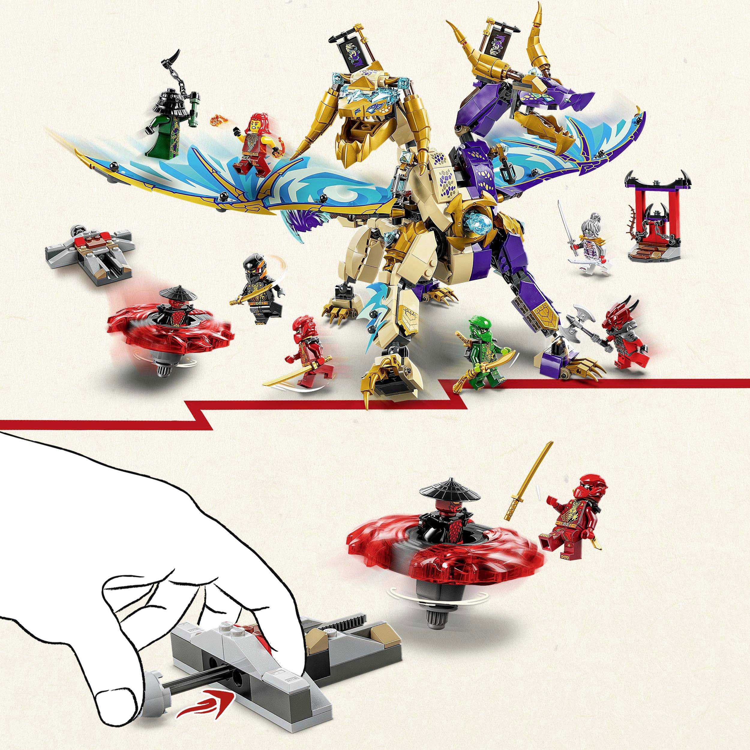 Play set featuring a large, multi-coloured dragon and several game pieces, including red, green, and gold warriors. Below: Hand operating a rotating spinner.