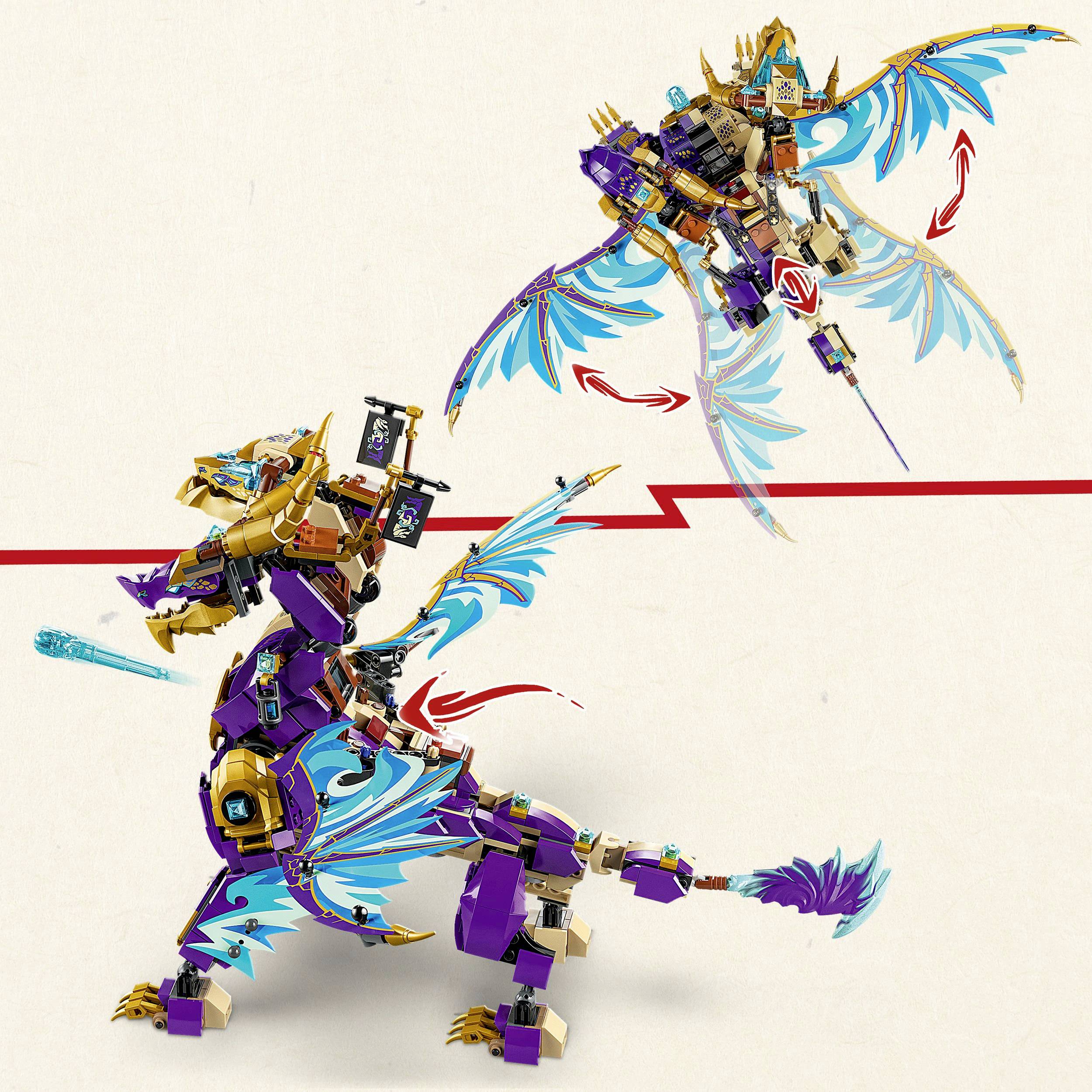 Two intricately detailed, colourful dragon kits with wings and armour. One is flying, the other standing upright. Both have luminous accents.