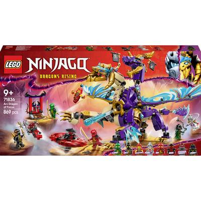 LEGO Set 'Ninjago Dragons Rising 71836', suitable for ages 9 and up, 869 pieces. Includes dragon figure, multiple minifigures and accessories.