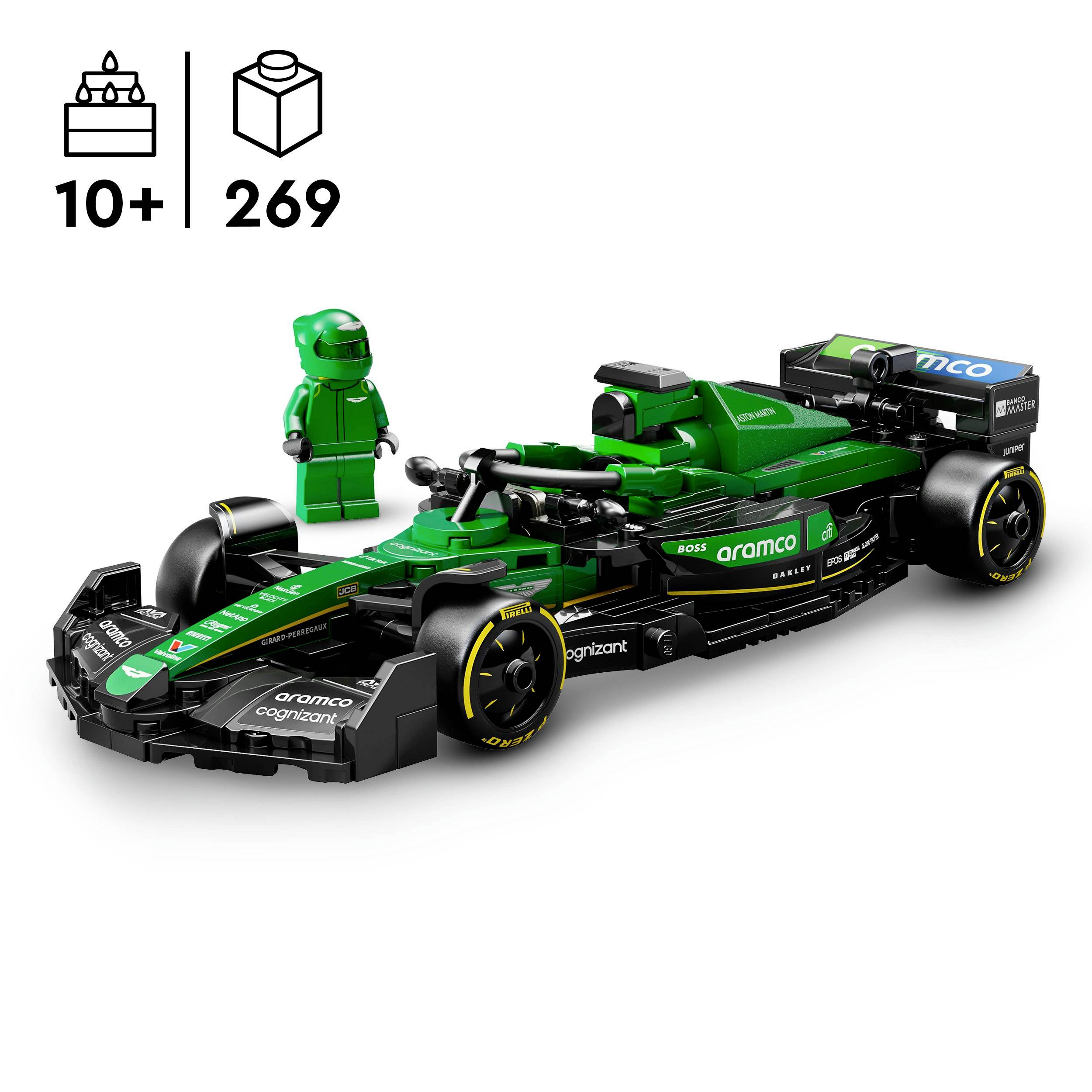 Toy racing car made from building blocks with a green and black bodywork, next to a green figurine. Suitable for ages 10 and above.