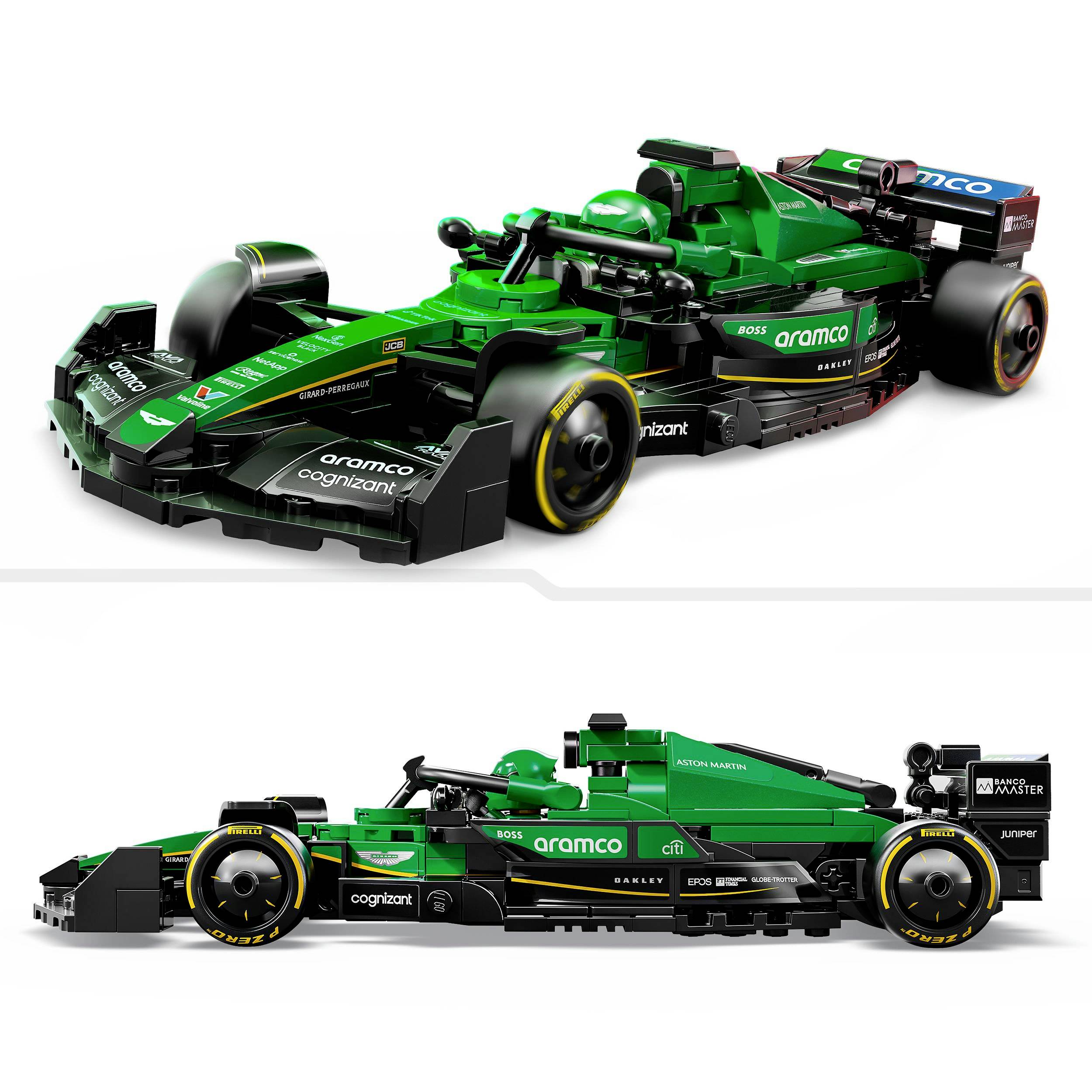 Two green toy racing cars from the Aston Martin brand, one shown from a top-down view, one shown from a side view.