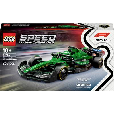 LEGO Speed Champions Set 'Aston Martin Aramco F1'. Contains 269 pieces, recommended for ages 10 and above. Packaging shows green Formula 1 car.