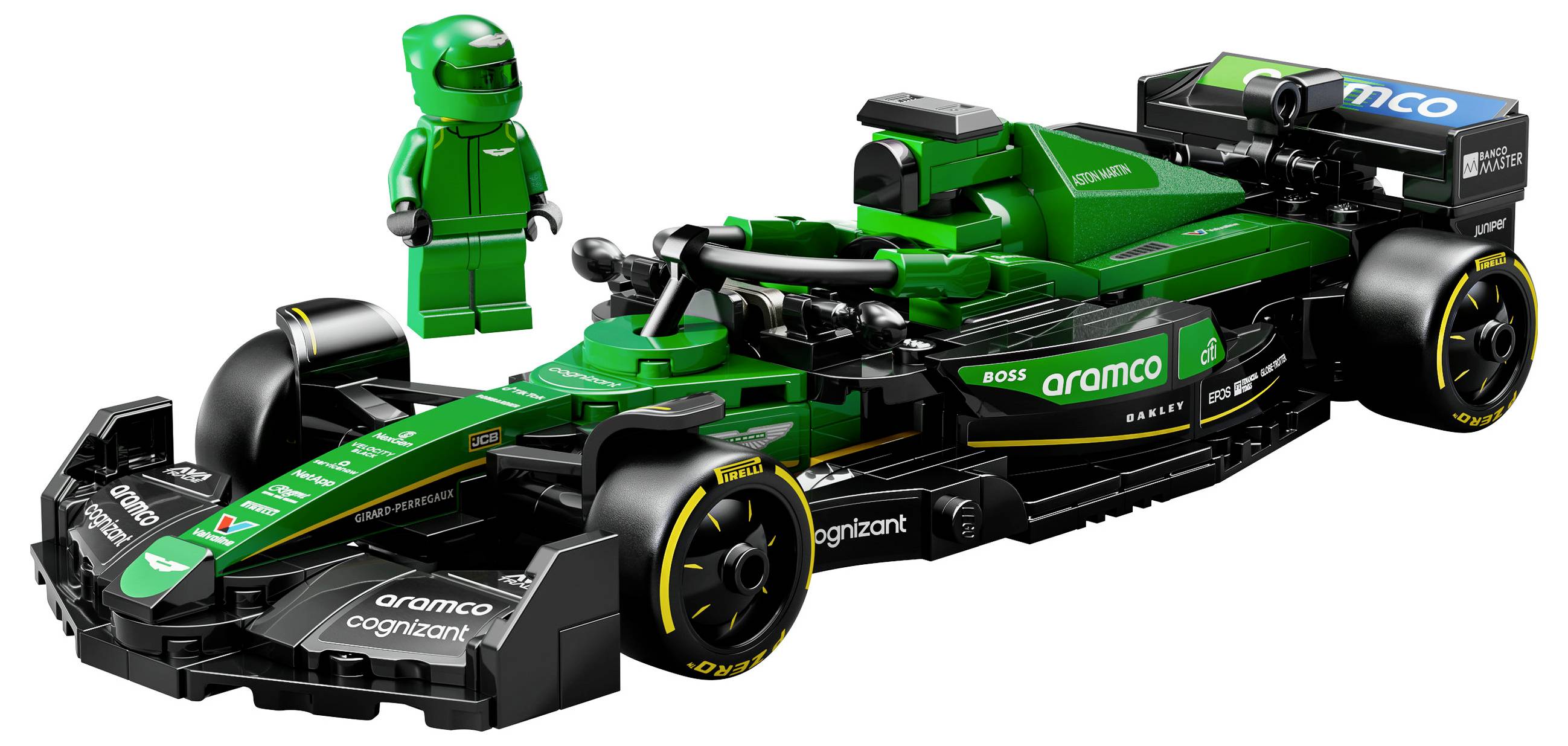 A green toy racing car model with a matching play figure, sponsored by Aramco and Cognizant, in Formula 1 style.