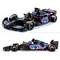 A black toy racing car with blue and pink accents, marked with 'BWT'. Front and side view.