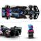 A black, pink, and blue Formula 1 car viewed from above, featuring 'BWT' and 'Alpine' logos. Beside it, a Lego minifigure in matching colours and helmet.