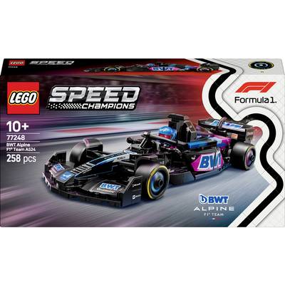 The image shows the LEGO Speed Champions set 'BWT Alpine F1 Team A524' with 258 pieces. It is a Formula 1 racing car designed for children aged 10 and above.