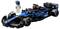 A blue-black LEGO Formula 1 car with 'Williams' branding, positioned next to a LEGO figurine wearing a white racing suit and helmet.