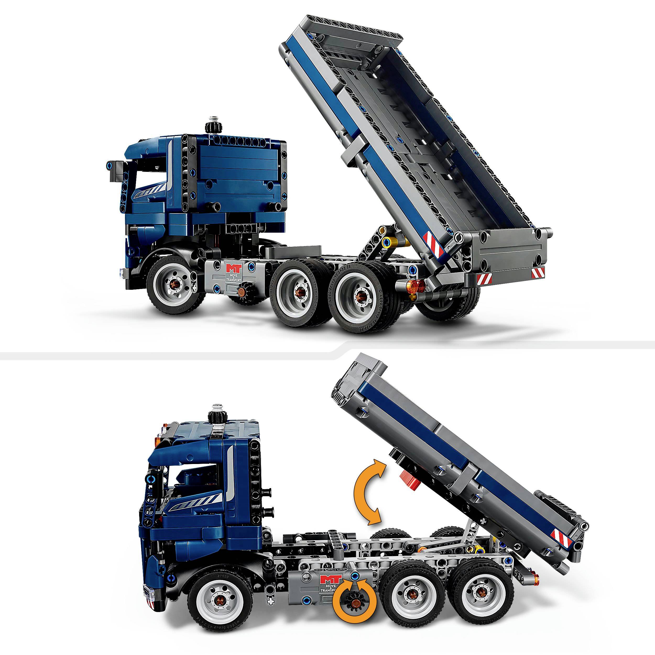 A blue LEGO tipper truck with a tiltable cargo bed. The top part shows the load area raised, the bottom part shows the lorry from the side.