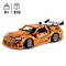 Toy car construction kit in orange building blocks with stickers and spoiler. Recommended for ages 9 and up, 810 pieces.