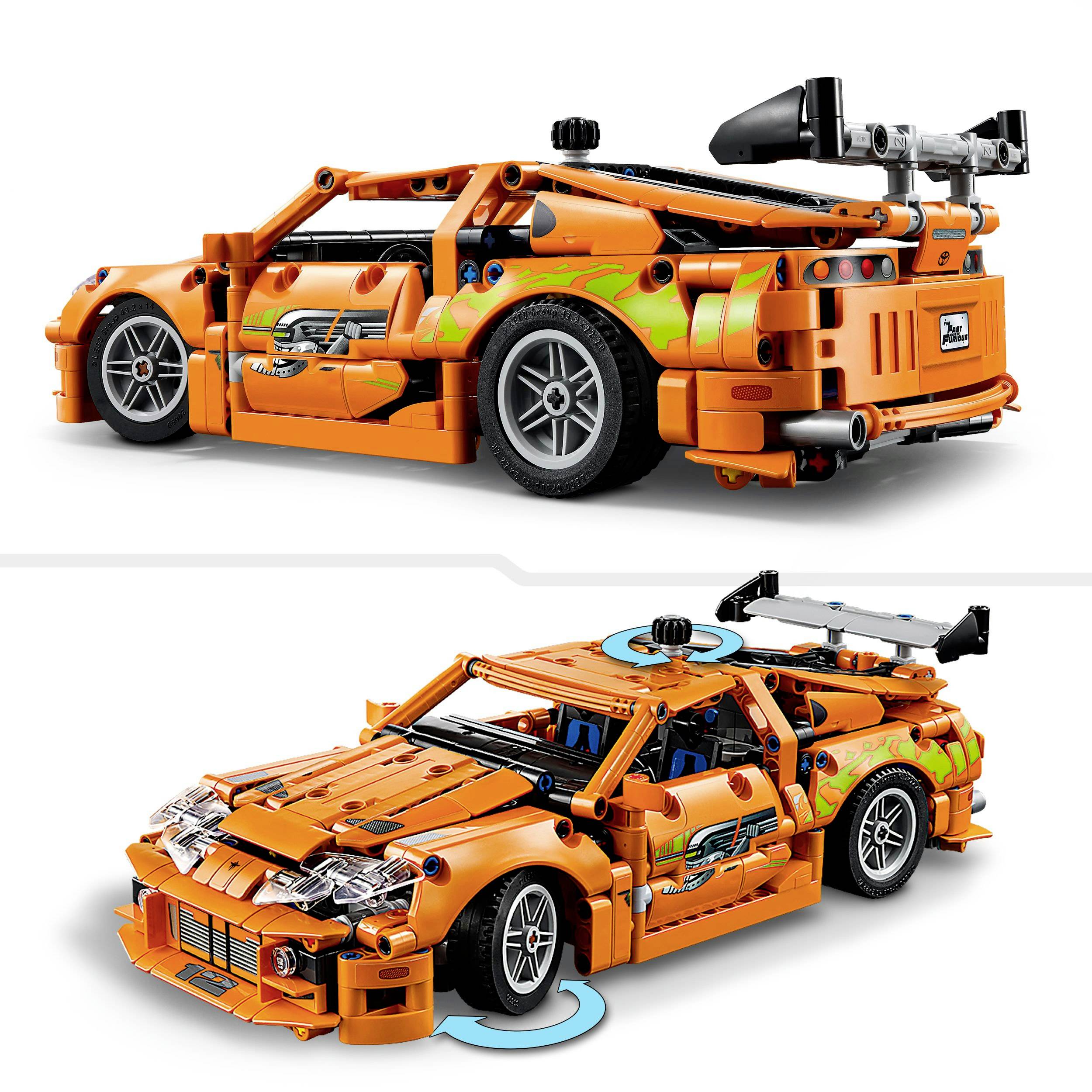 'Two orange, detailed model cars made of building blocks with spoilers and sporty design, shown from the side and front.'