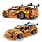 'Two orange, detailed model cars made of building blocks with spoilers and sporty design, shown from the side and front.'