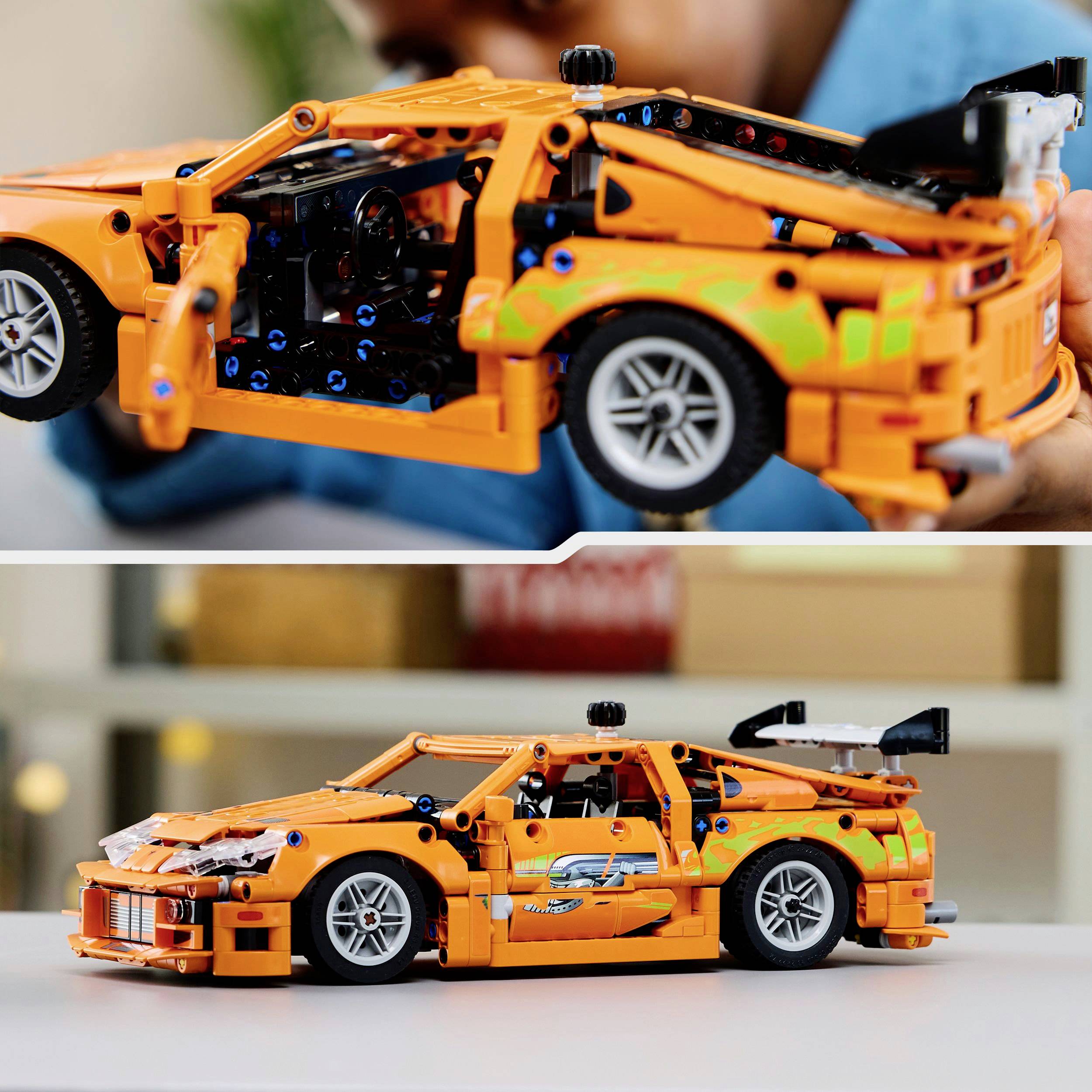 Two images of an orange model car made from building blocks: Top view with an open door focusing on details, bottom view showing a side profile.