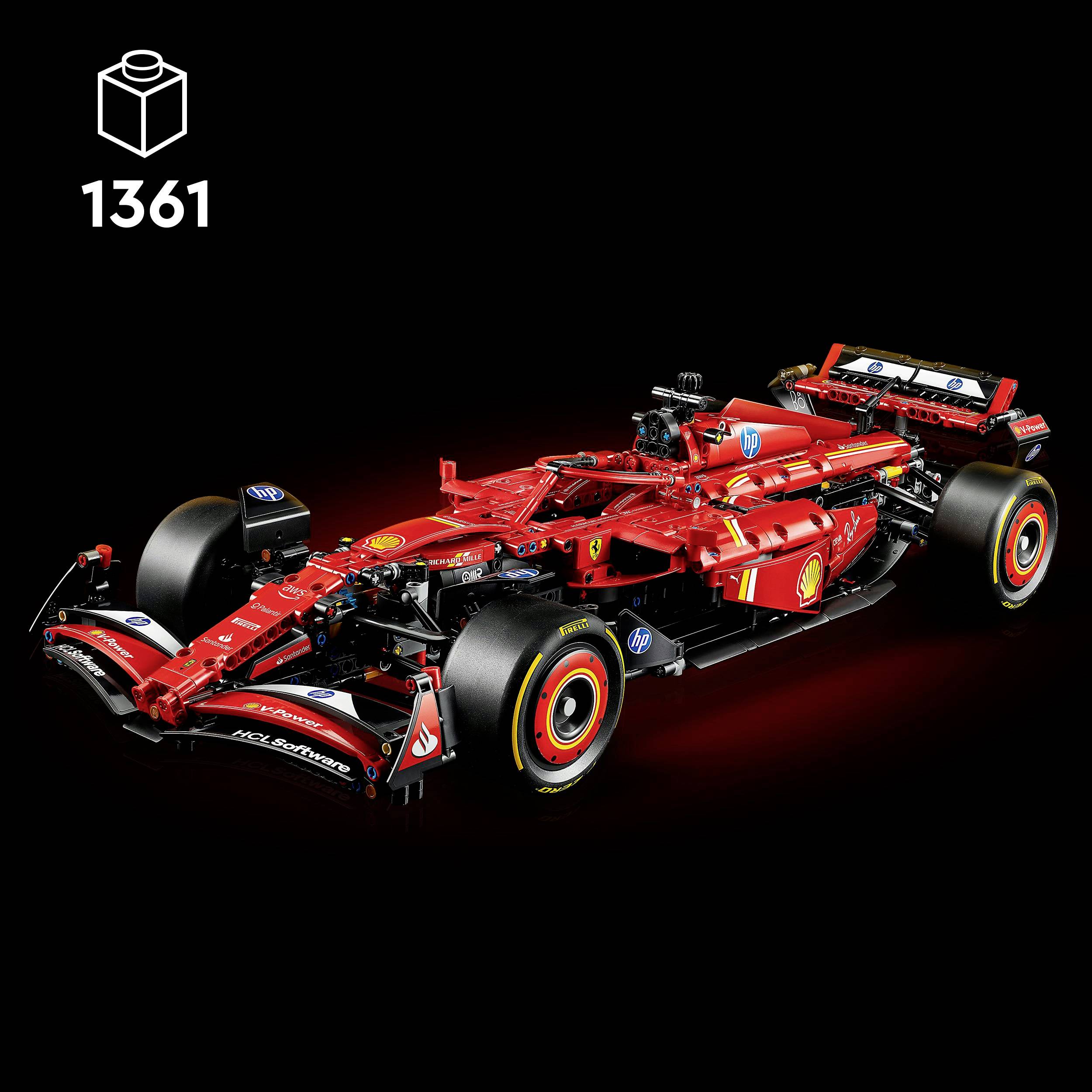 Red LEGO model of a Formula 1 racing car on a black background, set number 1361 displayed.