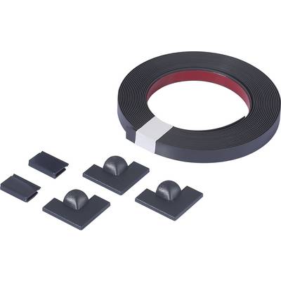 A roll of black magnetic adhesive tape with four rectangular magnetic clips; suitable for fixing and organisational applications.