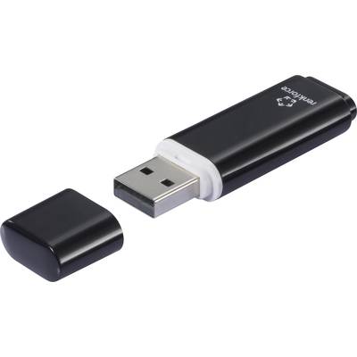 Black USB stick with removed cap, lying on its side. The recycling symbol is visible on top.