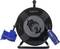 Black cable reel with blue sockets, suitable for indoor use. Brand 'sygonix', with portable handle on top.