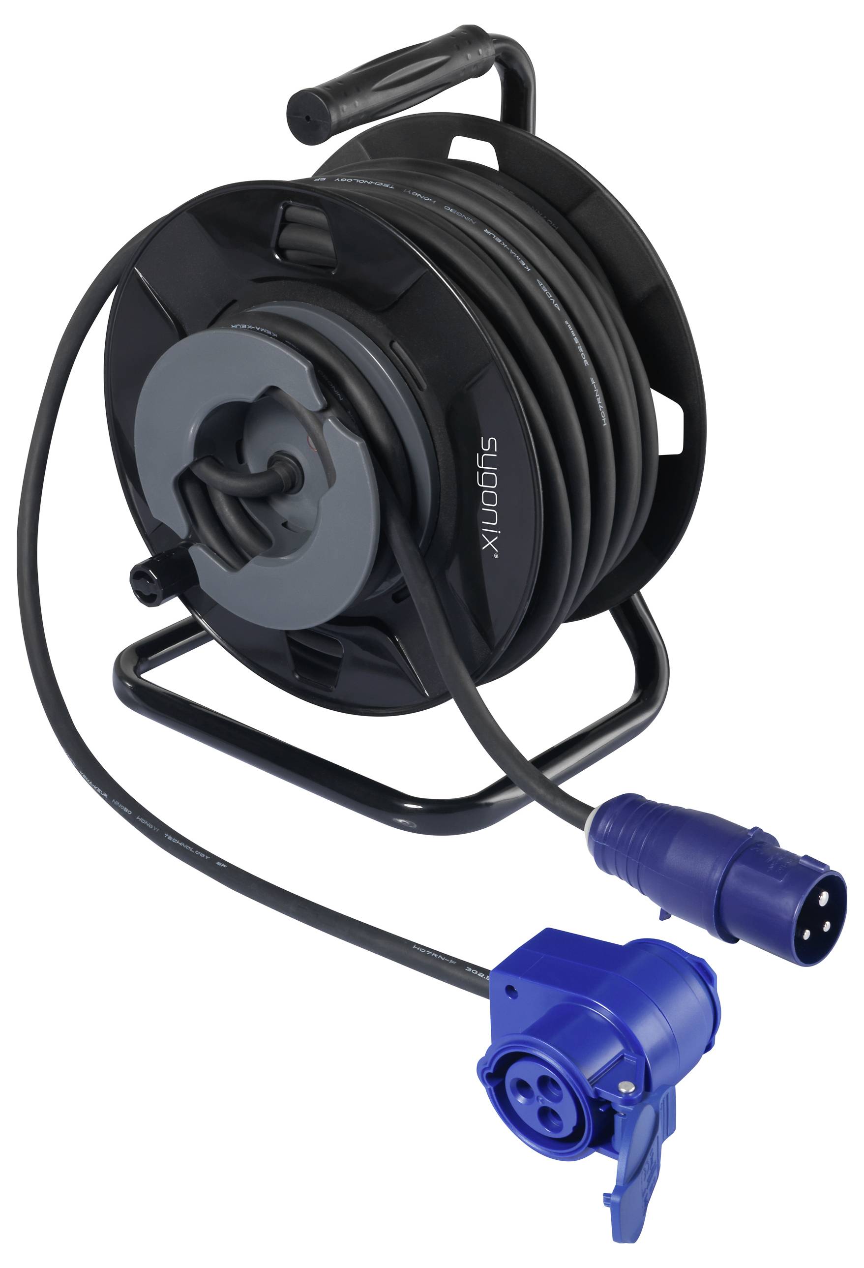 A black cable reel with cable wound around it, fitted with a blue plug and a blue socket for power connections.