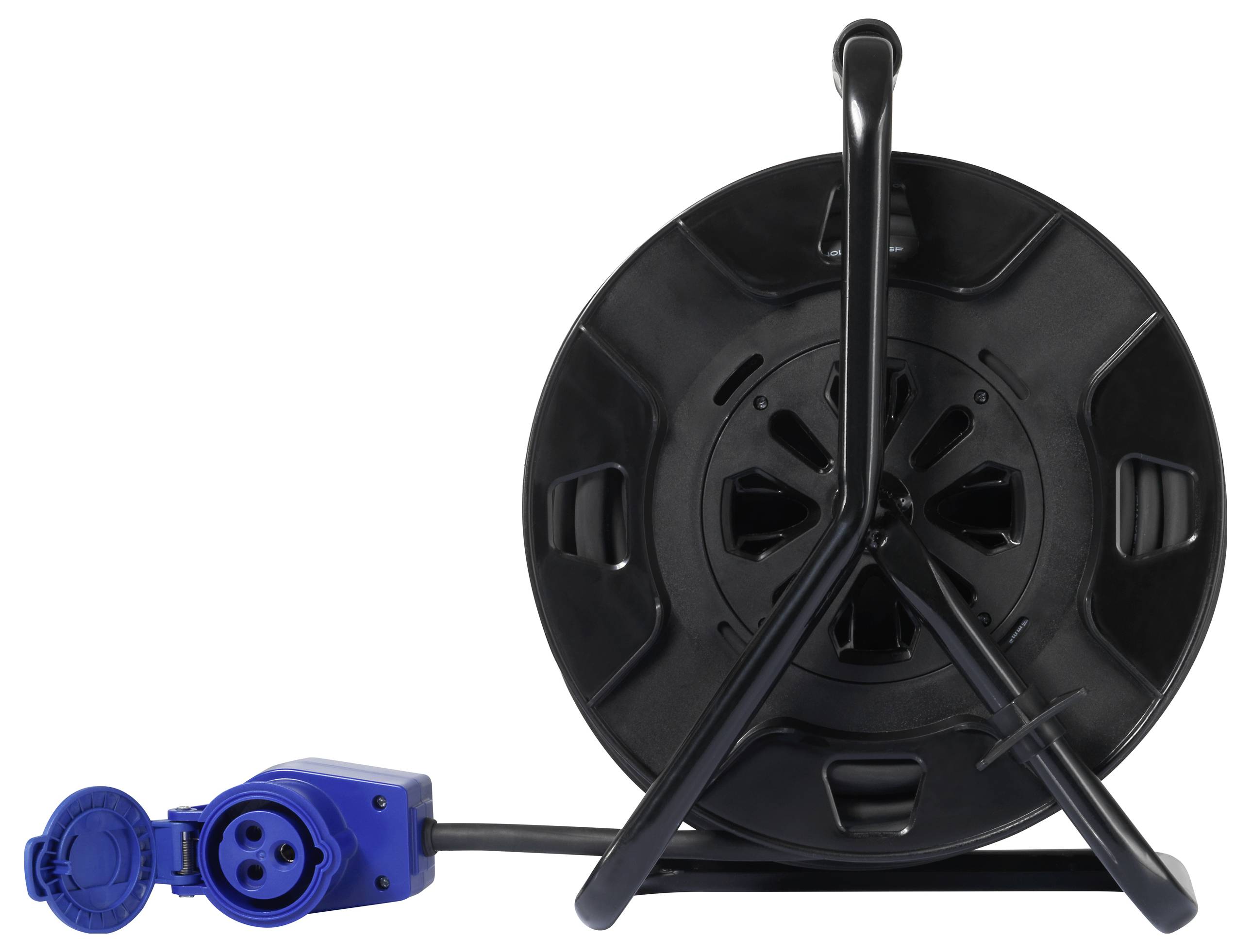 Black cable reel with wound cable and blue plug, suitable for extending electrical devices.