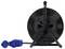 Black cable reel with wound cable and blue plug, suitable for extending electrical devices.