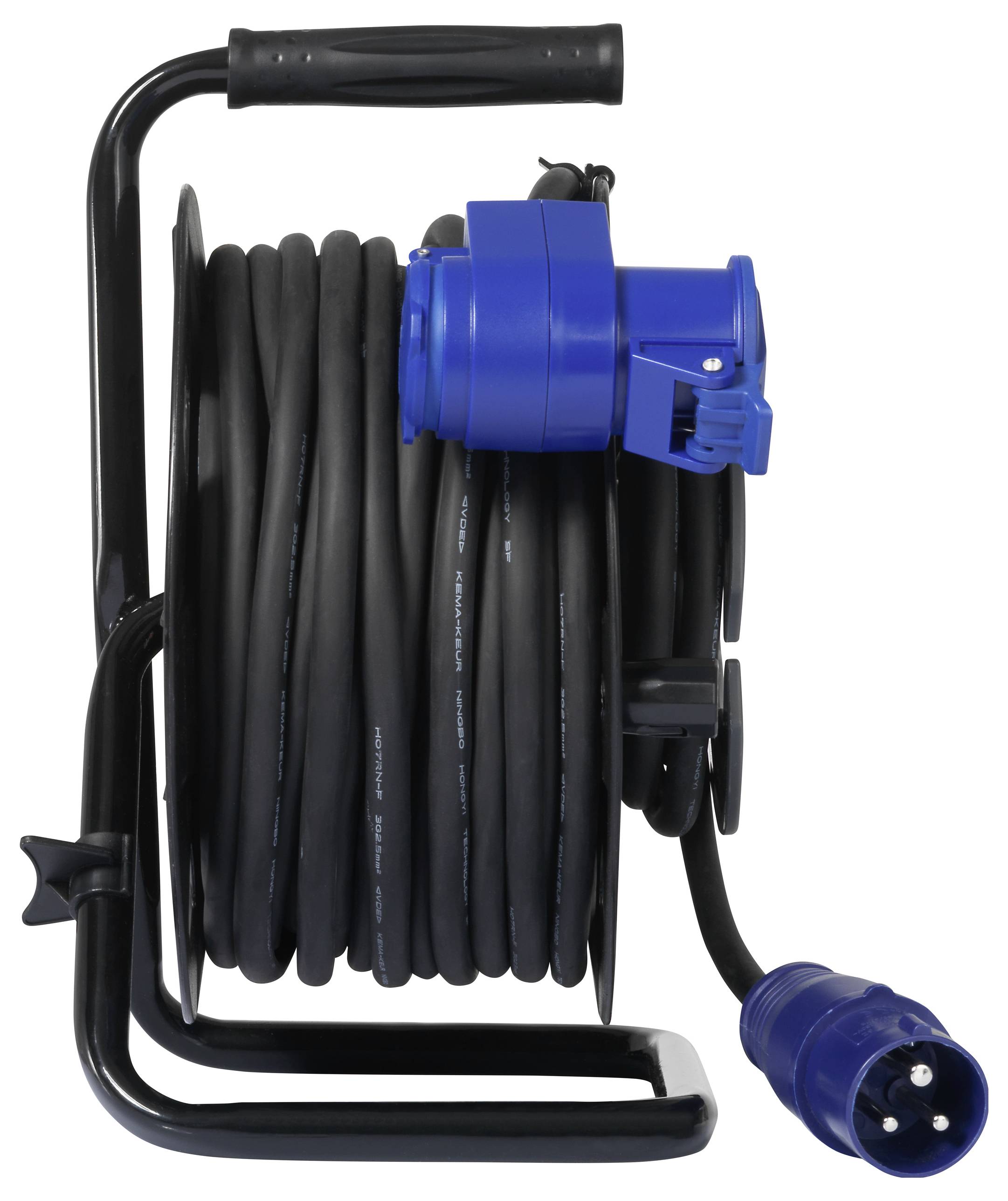 Pictured is a black cable reel with a blue plug and socket. It is completely wound up on a black metal frame.