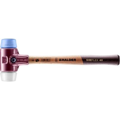 A hammer with a blue plastic and a white rubber head, wooden handle with the inscription 'Halder SIMPLEX 40'.