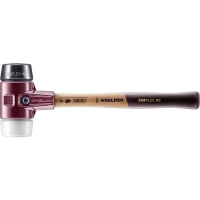 A Simplex soft-faced hammer with a red housing, black and white striking head, and a wooden handle with markings.