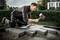 A man is kneeling on the ground and using a large hammer to lay paving stones in the garden. Bushes and a modern house are visible in the background.