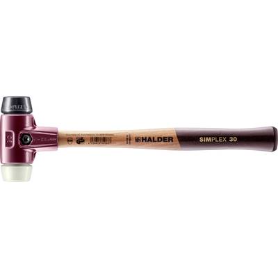 'Halder Simplex Hammer' with a red head and wooden handle, with a white and a black plastic cap.