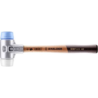 A hammer with a metal head, a blue and white plastic insert, and a wooden handle with the inscription 'HALDER SIMPLEX 40'.
